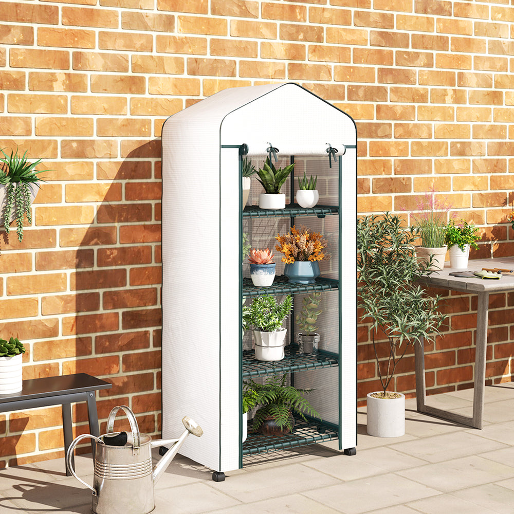 Portable greenhouse with 4 shelves, PE cover, white