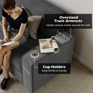 3-seater fabric sofa with spring cushions and cup holders, dark grey