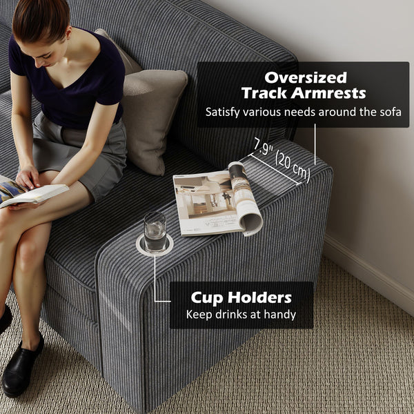 3-seater fabric sofa with spring cushions and cup holders, dark grey