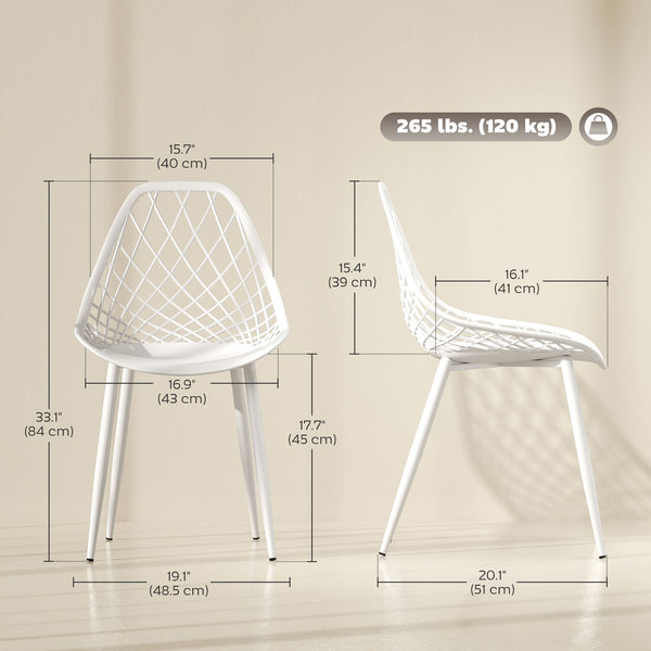 Lot de 4 chaises de salle à manger modernes en plastique avec dossier creux et pieds en métal, blanches