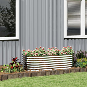 Jardinière ovale surélevée galvanisée avec bordure de sécurité et gants inclus, couleur argent.