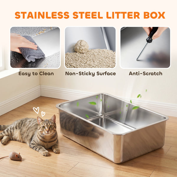 2 Pack XL Stainless Steel Litter Box with Scoops, High-Sided, for Large and Multiple Cats, Anti-Urine Leakage