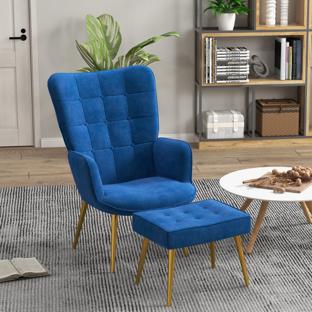 Fauteuil avec repose-pieds et pieds en métal doré, bleu foncé