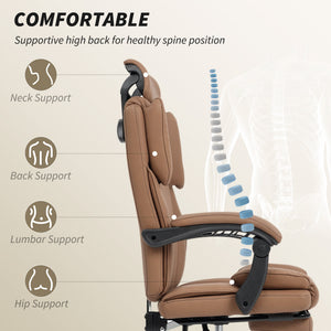 Reclining office chair with pet-friendly fabric upholstery, headrest, footrest, and swivel casters, brown