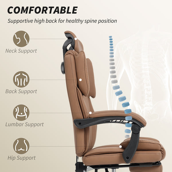 Reclining office chair with pet-friendly fabric upholstery, headrest, footrest, and swivel casters, brown