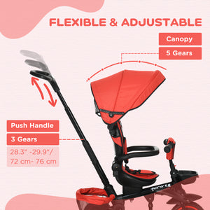 6-in-1 Toddler Tricycle for 12-50 Months, Foldable with Adjustable Seat, Safety Harness, Removable Canopy, Red