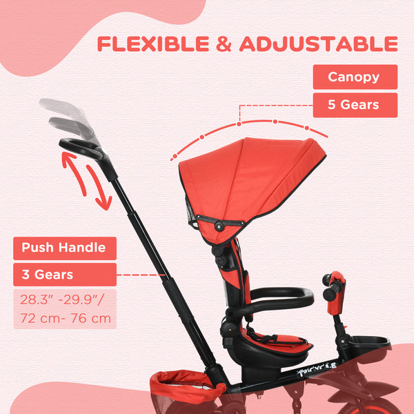 6-in-1 Toddler Tricycle for 12-50 Months, Foldable with Adjustable Seat, Safety Harness, Removable Canopy, Red