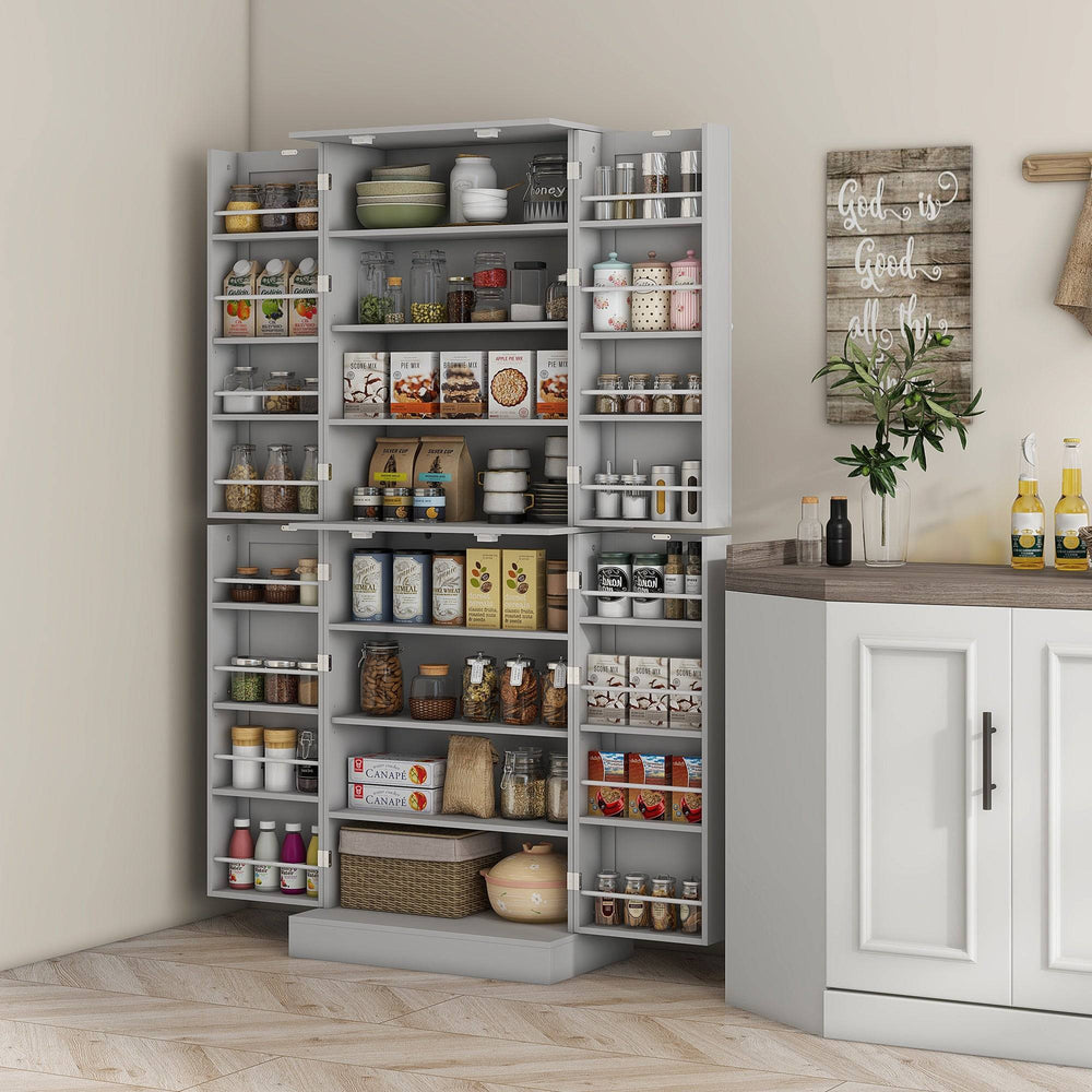 Meuble de cuisine 65 pouces, garde-manger avec 4 portes et 16 étagères pour salle à manger, gris