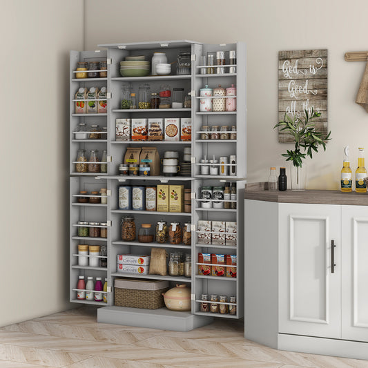 65-inch Kitchen Cabinet, Pantry with 4 Doors and 16 Shelves for Dining Room, Gray