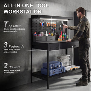 Workbench with LED Light and Power Strip, 43" Heavy Duty Work Table with Pegboard and Drawers for Garage Workshop, Black