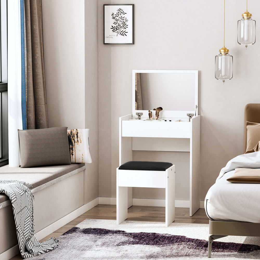 Coiffeuse moderne avec table de maquillage et tabouret rembourré, blanc