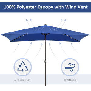 Parasol de terrasse rectangulaire 2 x 3 m, inclinable et solaire, en aluminium, avec manivelle et LED (bleu foncé)