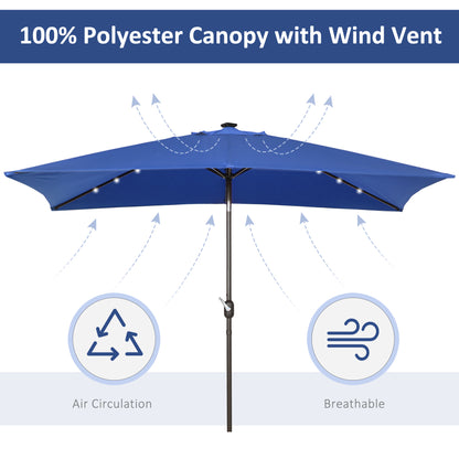Parasol de terrasse rectangulaire 2 x 3 m, inclinable et solaire, en aluminium, avec manivelle et LED (bleu foncé)