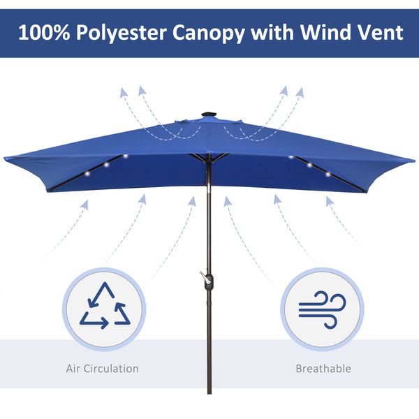 Parasol de terrasse rectangulaire 2 x 3 m, inclinable et solaire, en aluminium, avec manivelle et LED (bleu foncé)
