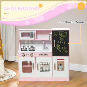 Cuisine enfant avec tableau noir, machine à glaçons, téléphone, évier et micro-ondes, rose
