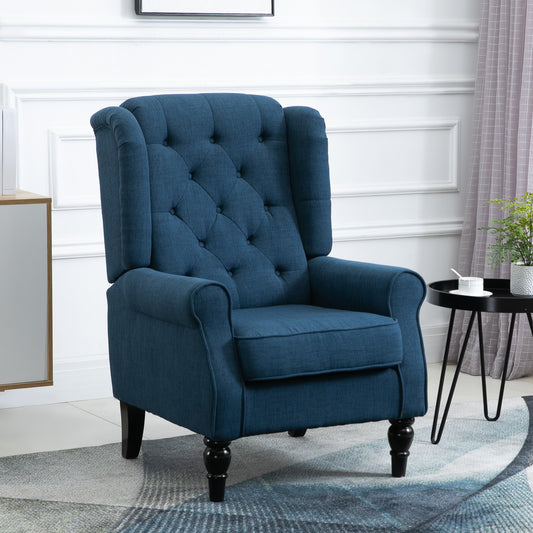 Upholstered accent chair with wooden legs, rounded armrests, thick padding, blue