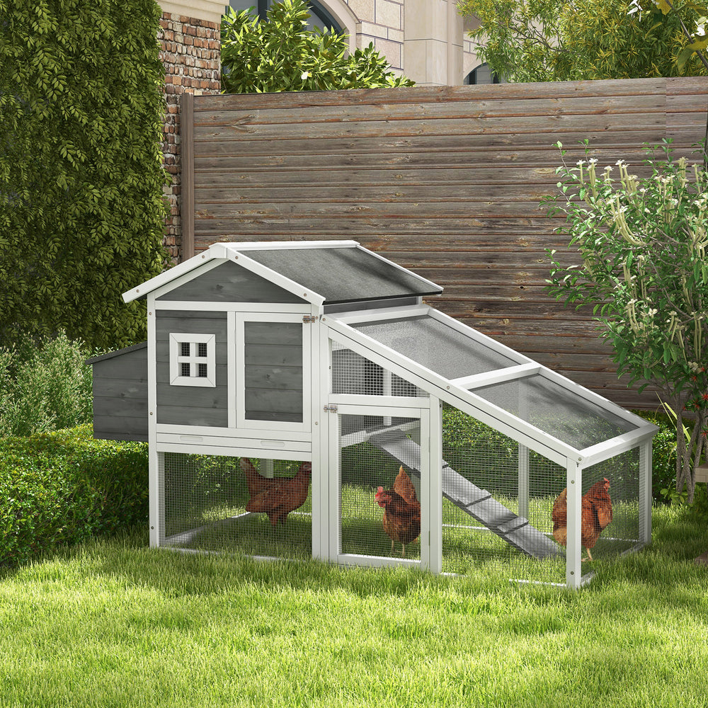 69" Wooden Chicken Coop with Run, Nesting Box, Tray, Grey