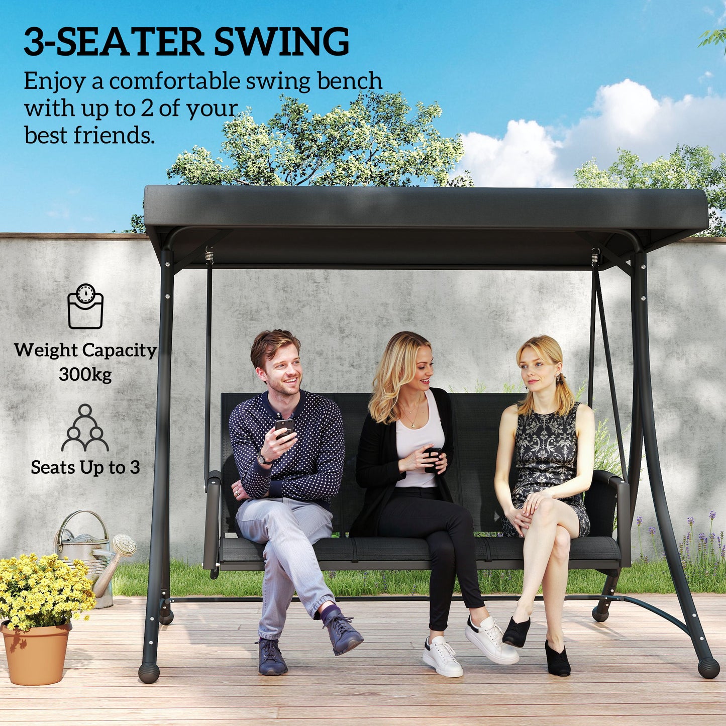 Outsunny 3 Person Outdoor Swing with Adjustable Canopy, Black