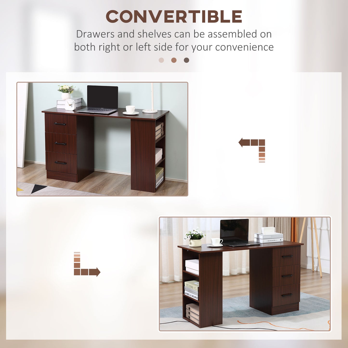 HOMCOM Computer Desk with 3-Tier Storage Shelves, 47-inch Home Office Desk with Drawers, Study and Writing Table, Walnut Color