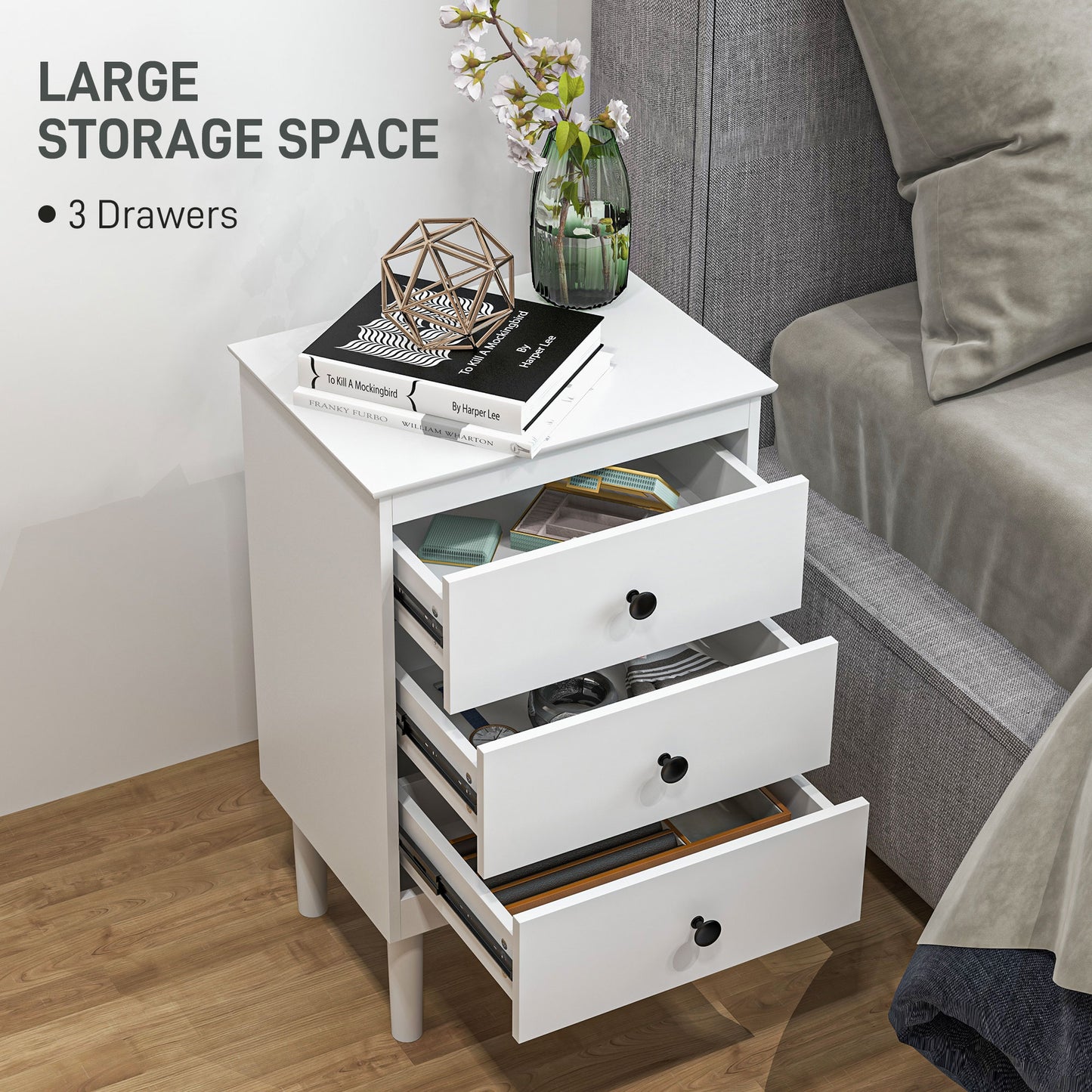 Ensemble de deux tables de chevet modernes à trois tiroirs, blanc