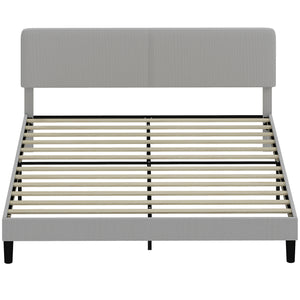 King size bed frame with adjustable upholstered headboard, wooden slatted base, quiet, light grey
