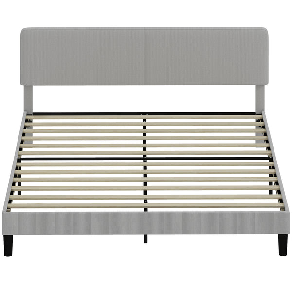 King size bed frame with adjustable upholstered headboard, wooden slatted base, quiet, light grey