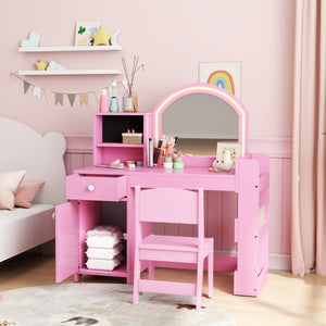 Ensemble coiffeuse et chaise avec miroir éclairé, armoire, tiroir et étagères, rose
