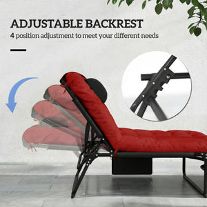Folding Lounge Chair with 4-level Reclining Back & Cushion, Wine Red