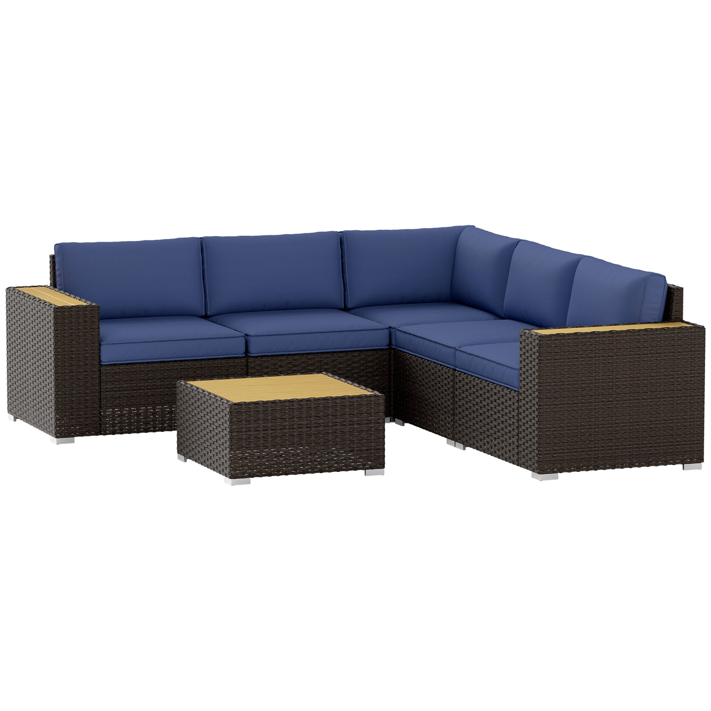 Ensemble de meubles de jardin 6 pièces avec canapé d'angle, table basse en bois et plastique, bleu marine