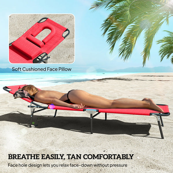 Adjustable Outdoor Lounge Chair, Garden Folding Chaise Lounge with Face Hole Reclining Tanning Chair Seat, Folding Camping Beach Lounging Bed w/ Support Pillow, Red