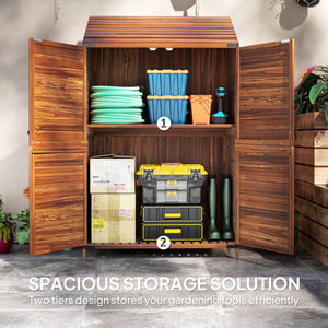 Wooden garden shed with double doors and shelves, mixed brown color