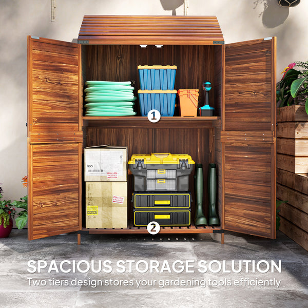 Wooden garden shed with double doors and shelves, mixed brown color
