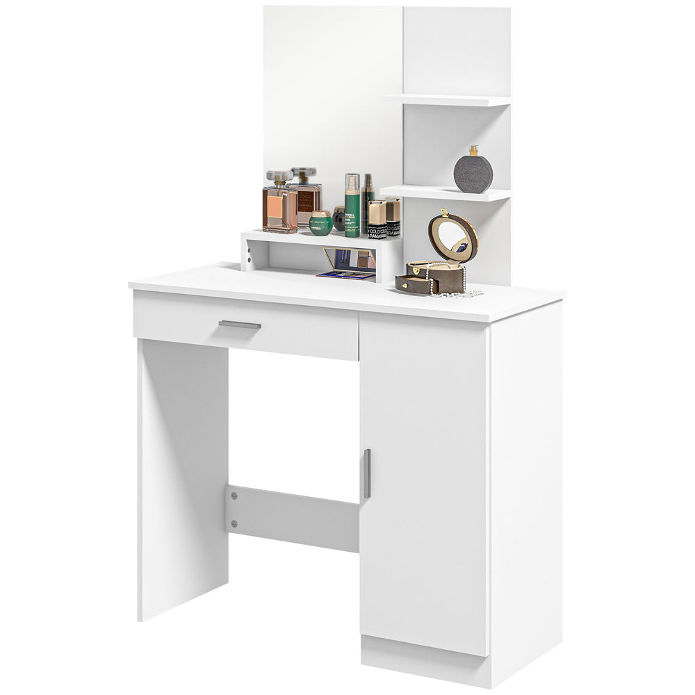 Coiffeuse avec miroir,  tiroir et compartiment ouvert, blanc