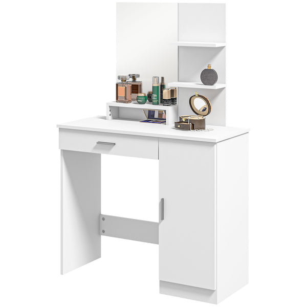 Coiffeuse avec miroir,  tiroir et compartiment ouvert, blanc