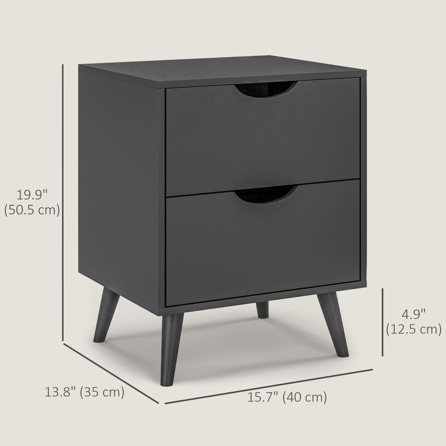 Table de chevet moderne avec 2 tiroirs et pieds en pin pour chambre et salon, noir