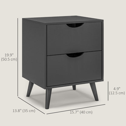 Table de chevet moderne avec 2 tiroirs et pieds en pin pour chambre et salon, noir