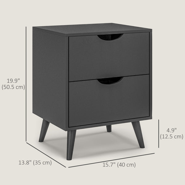 Table de chevet moderne avec 2 tiroirs et pieds en pin pour chambre et salon, noir