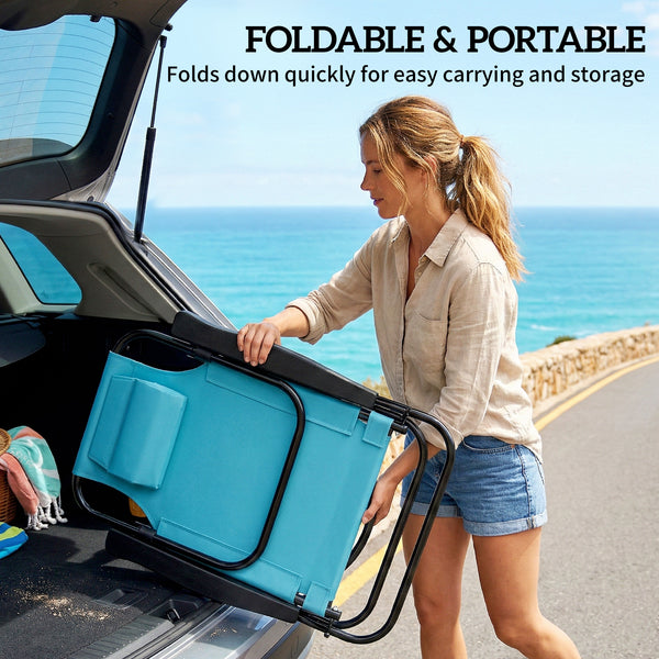 Set of 2 beach chairs, foldable and adjustable in 5 positions, with headrest and armrests, light blue.
