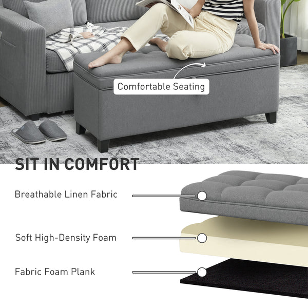 Banc ottoman de rangement, repose-pieds avec charnières de sécurité, en lin, gris foncé