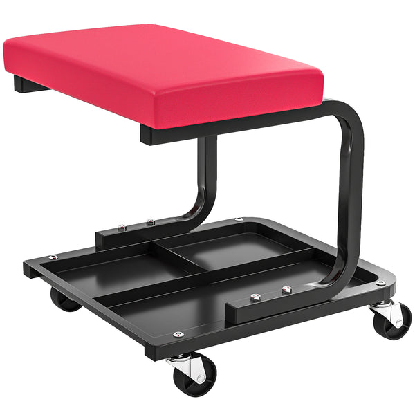 Tabouret de mécanicien roulant avec siège rembourré et plateau de rangement, rouge