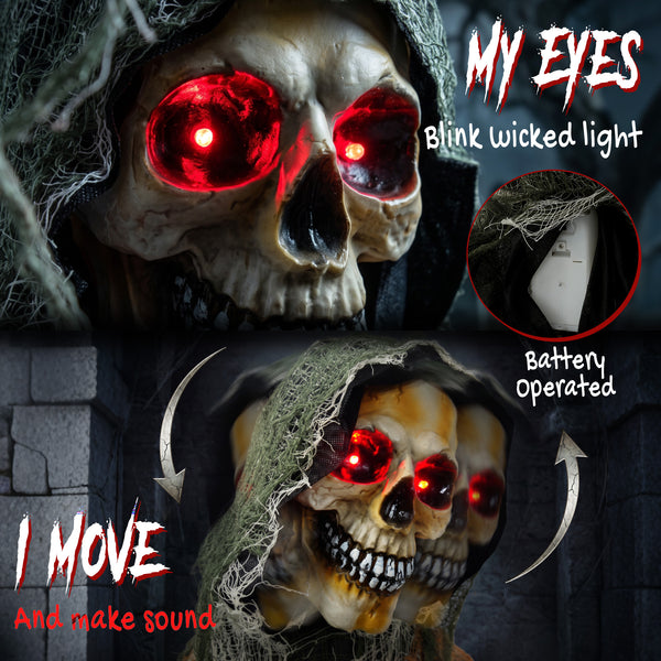 Faucheur enchaîné animé d’Halloween de 5,6 pi avec yeux DEL, sons et mouvements – Noir, blanc et brun