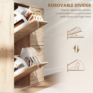 Meuble à chaussures vec 4 tiroirs rabattables pour 12 paires de chaussures, couleur chêne.