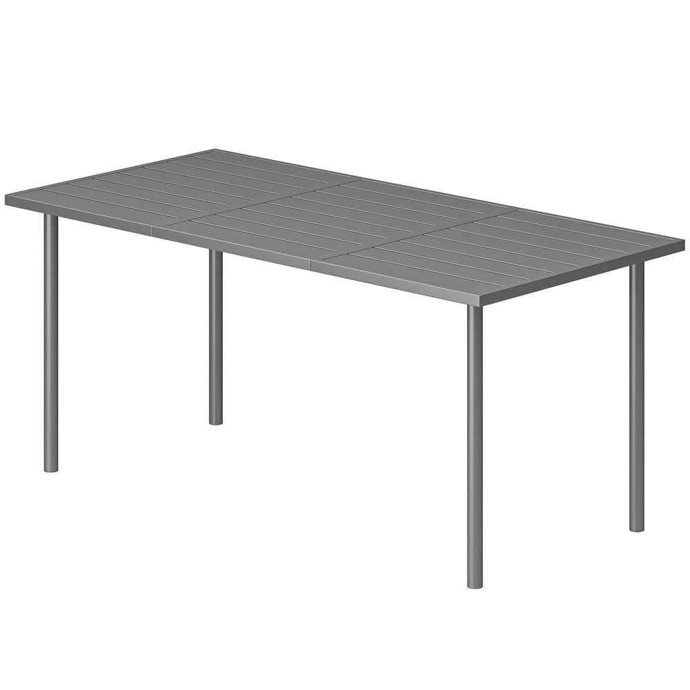 Outdoor dining table for 6 people, made of metal with a slatted top.