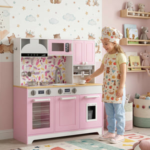 Cuisine de jeu pour enfant avec machine à café, distributeur de glaçons et accessoires, rose