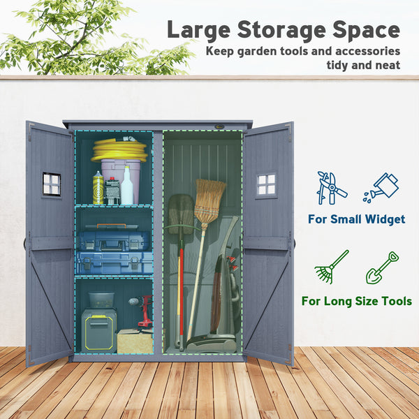 Wooden garden shed for tools with windows and double door, dark grey