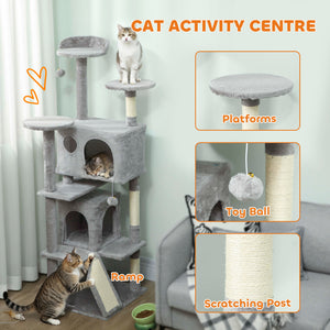 Arbre à chat 137 cm (54 po), tour à plusieurs niveaux avec griffoirs, niches, couchage, plateformes, rampe et balle, gris clair
