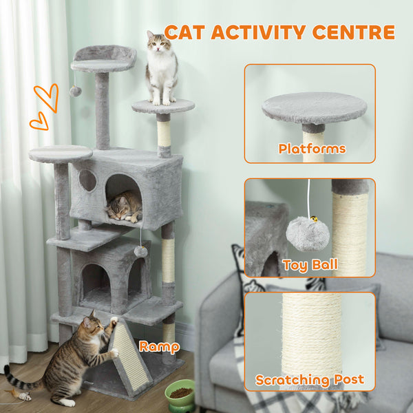 Arbre à chat 137 cm (54 po), tour à plusieurs niveaux avec griffoirs, niches, couchage, plateformes, rampe et balle, gris clair