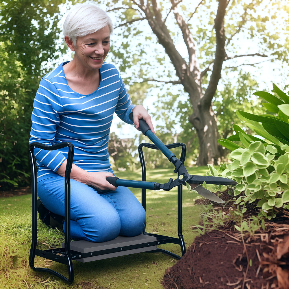 Tabouret de jardin pliable avec assise et genouillère, coussin épais et poignées