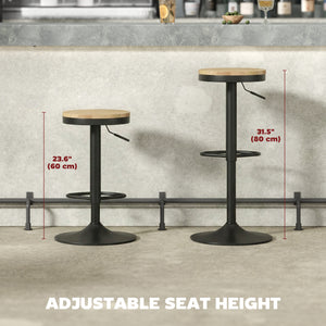 Ensemble de 2 tabourets de bar en bois, pivotants et réglables en hauteur, bois naturel et noir.