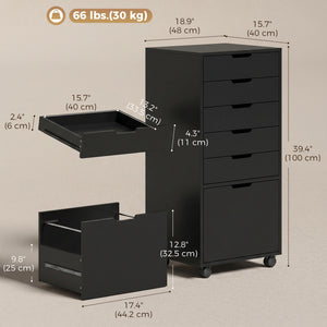 File Cabinet on Wheels Mobile Printer Stand with 6 Drawers for Home Office Black